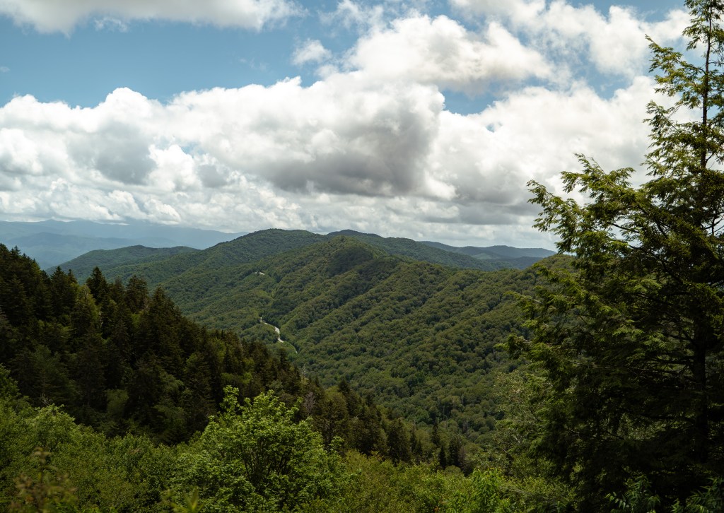 A panoramic view of lush, green mountains under a partly cloudy blue sky.